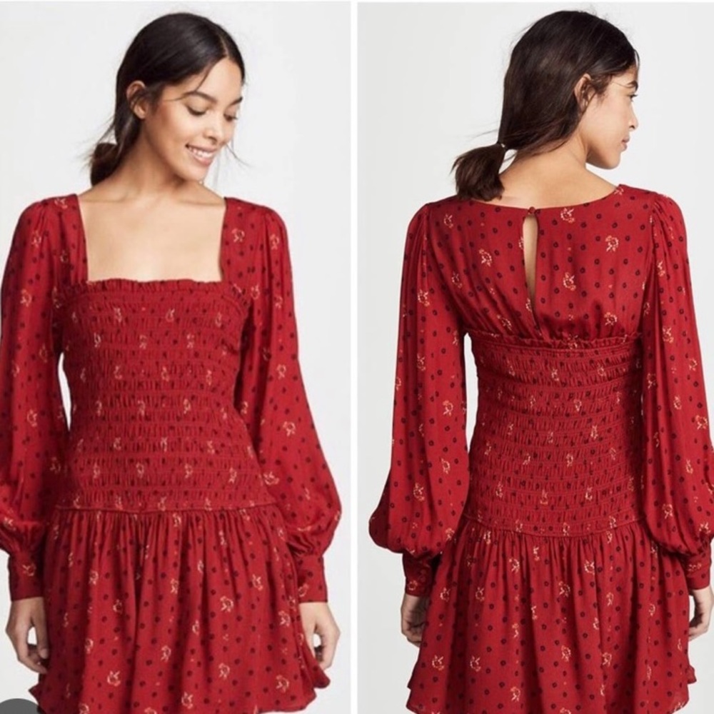 Free People Red Two Faces Smocked Mini Dress Size S